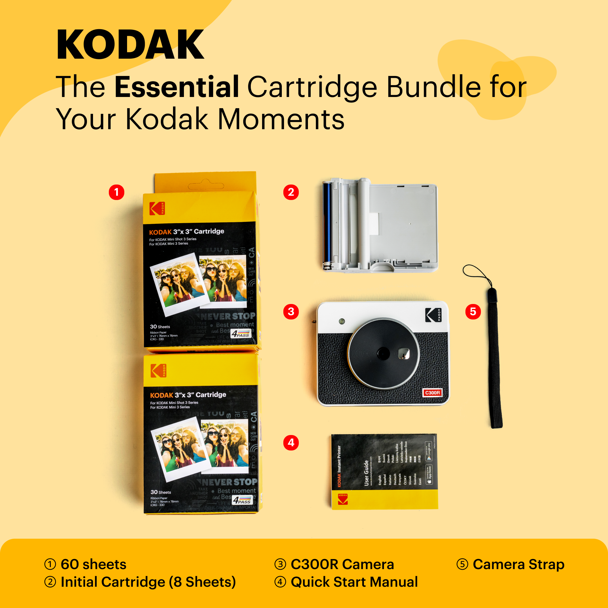Kodak Mini Shot 3 Retro 3x3 Tragbare kabellose Sofortbildkamera & Fotodrucker + 60-Blatt-Bundle, Real Photo HD, 4PASS-Technologie & laminierte Oberfläche