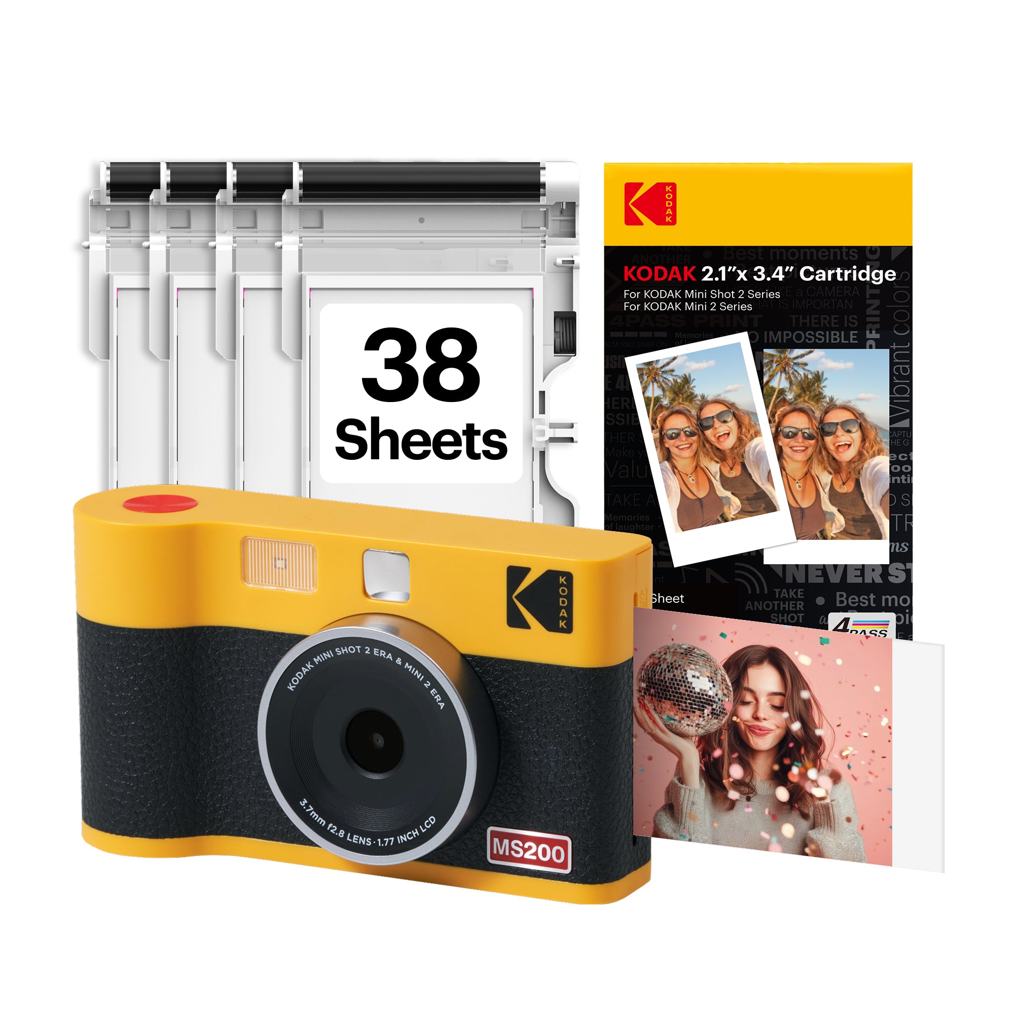 Yellow KODAK Mini Shot 2 Era MS200 2-in-1 instant camera bundle with cartridge refill