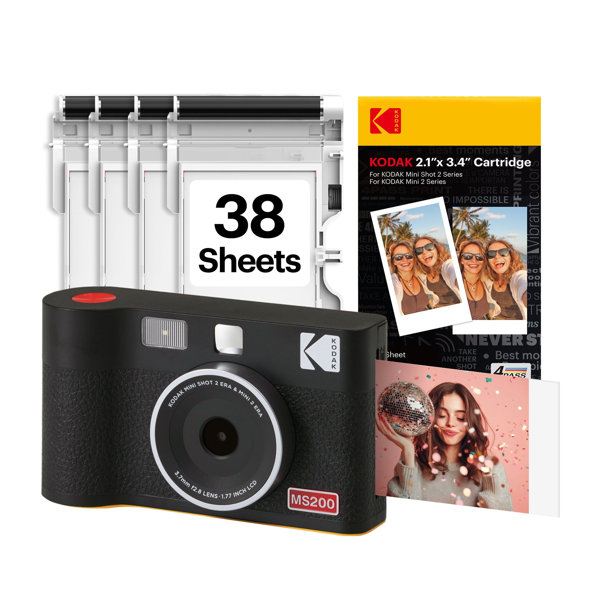 Black KODAK Mini Shot 2 Era MS200 2-in-1 instant camera bundle with cartridge refill