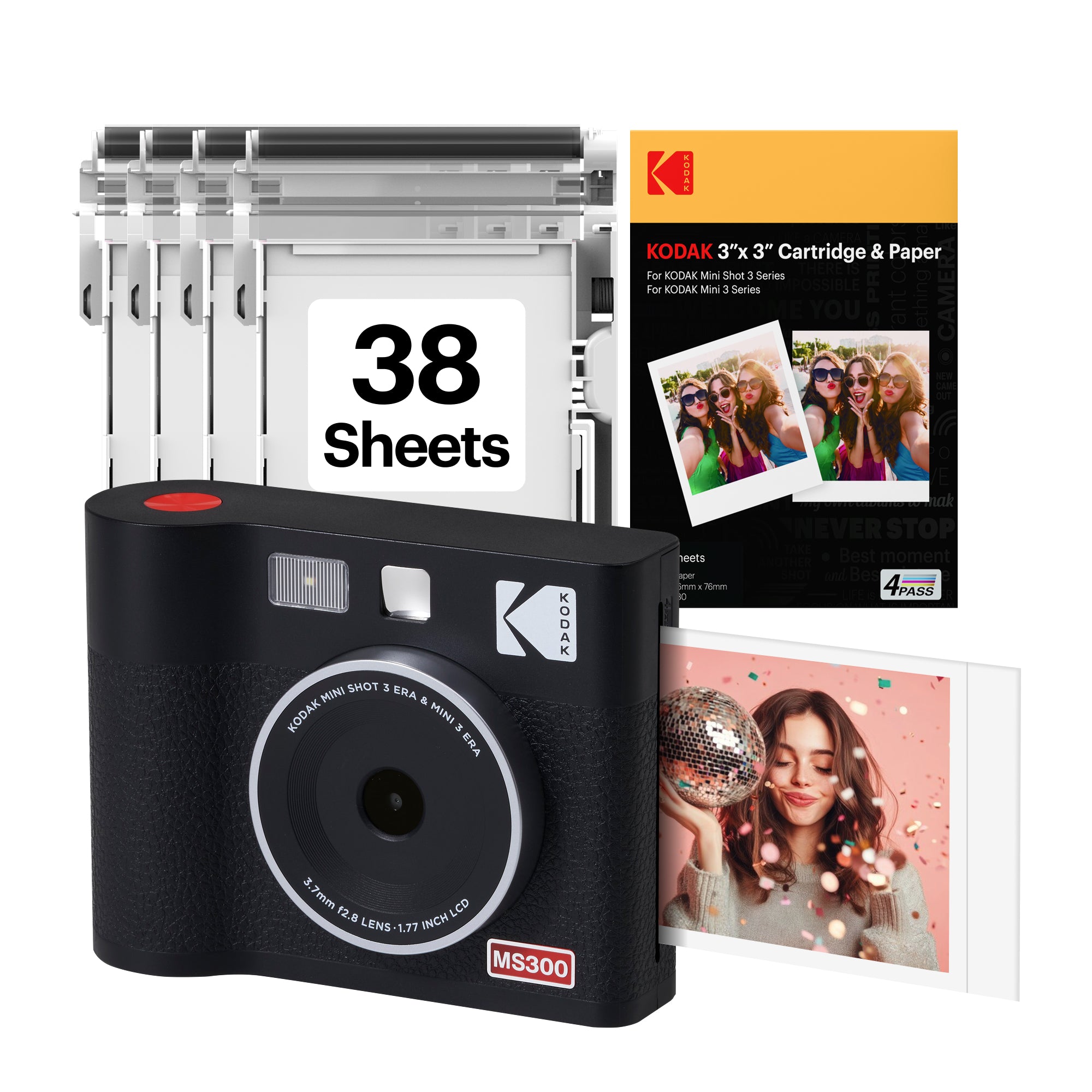 Black KODAK Mini Shot 3 Era MS300 2-in-1 instant camera bundle with cartridge refill