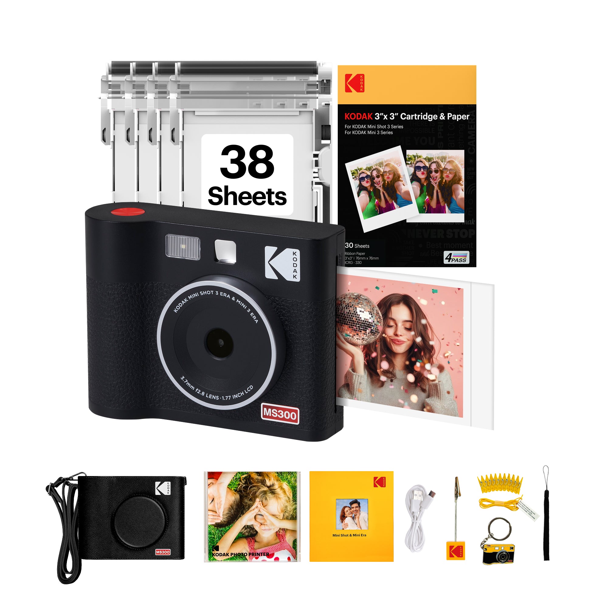 Black KODAK Mini Shot 3 Era MS300 2-in-1 instant camera gift bundle with cartridge and accessory kit