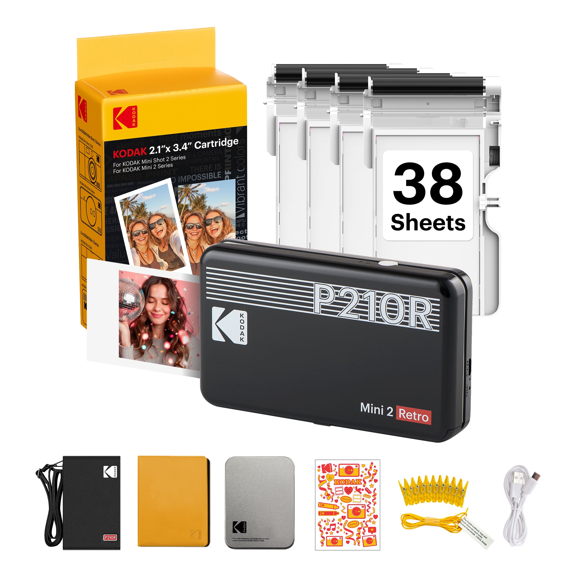 Black KODAK Mini 2 Retro P210R 30-sheet gift bundle with cartridge refill and accessory kit