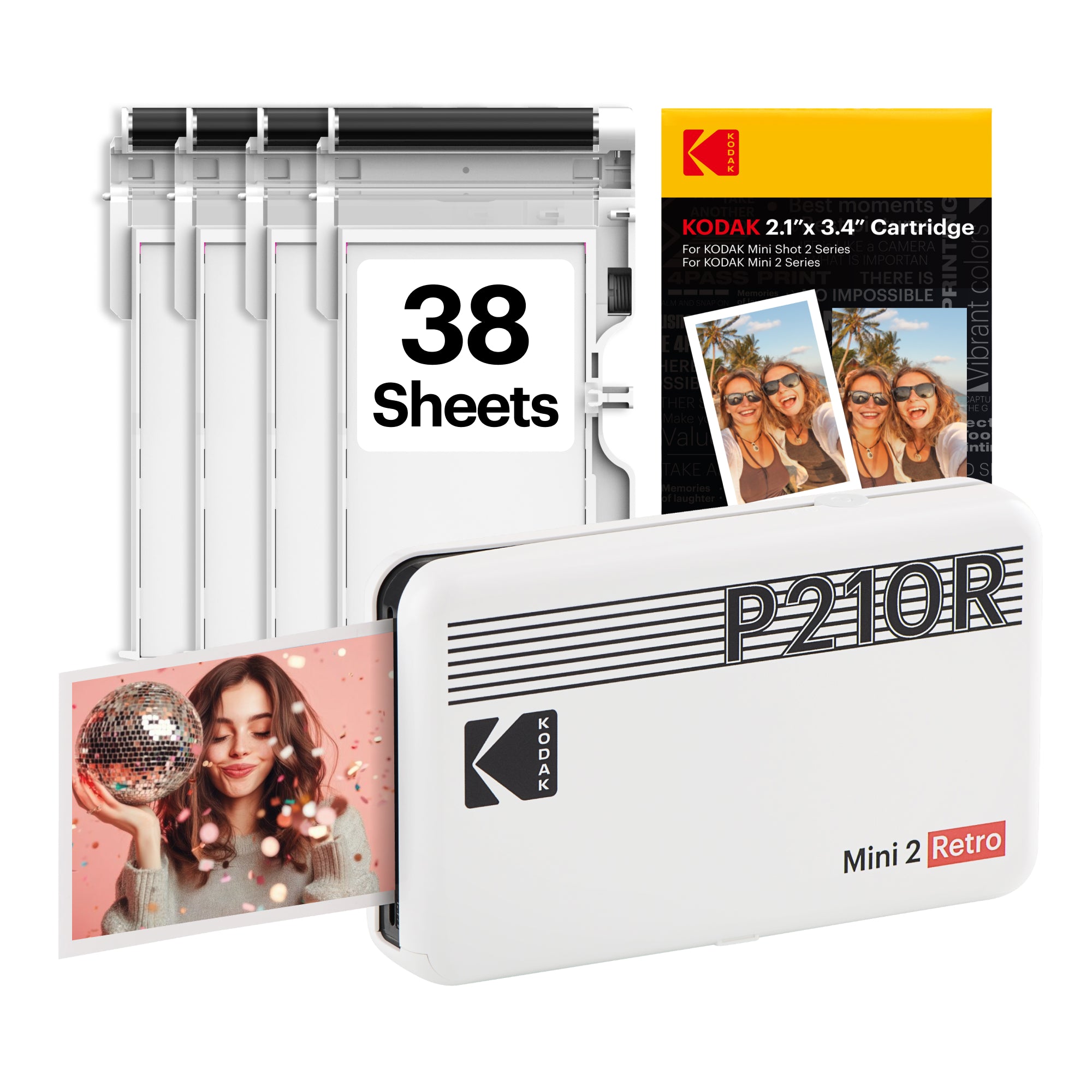 White KODAK Mini 2 Retro P210R portable photo printer 38-sheet bundle — 2.1x3.4 inch, 4PASS, Bluetooth