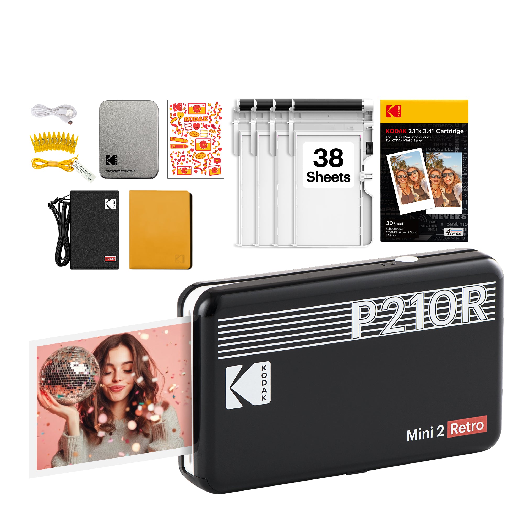 Black KODAK Mini 2 Retro P210R 30-sheet gift bundle with cartridge refill and accessory kit