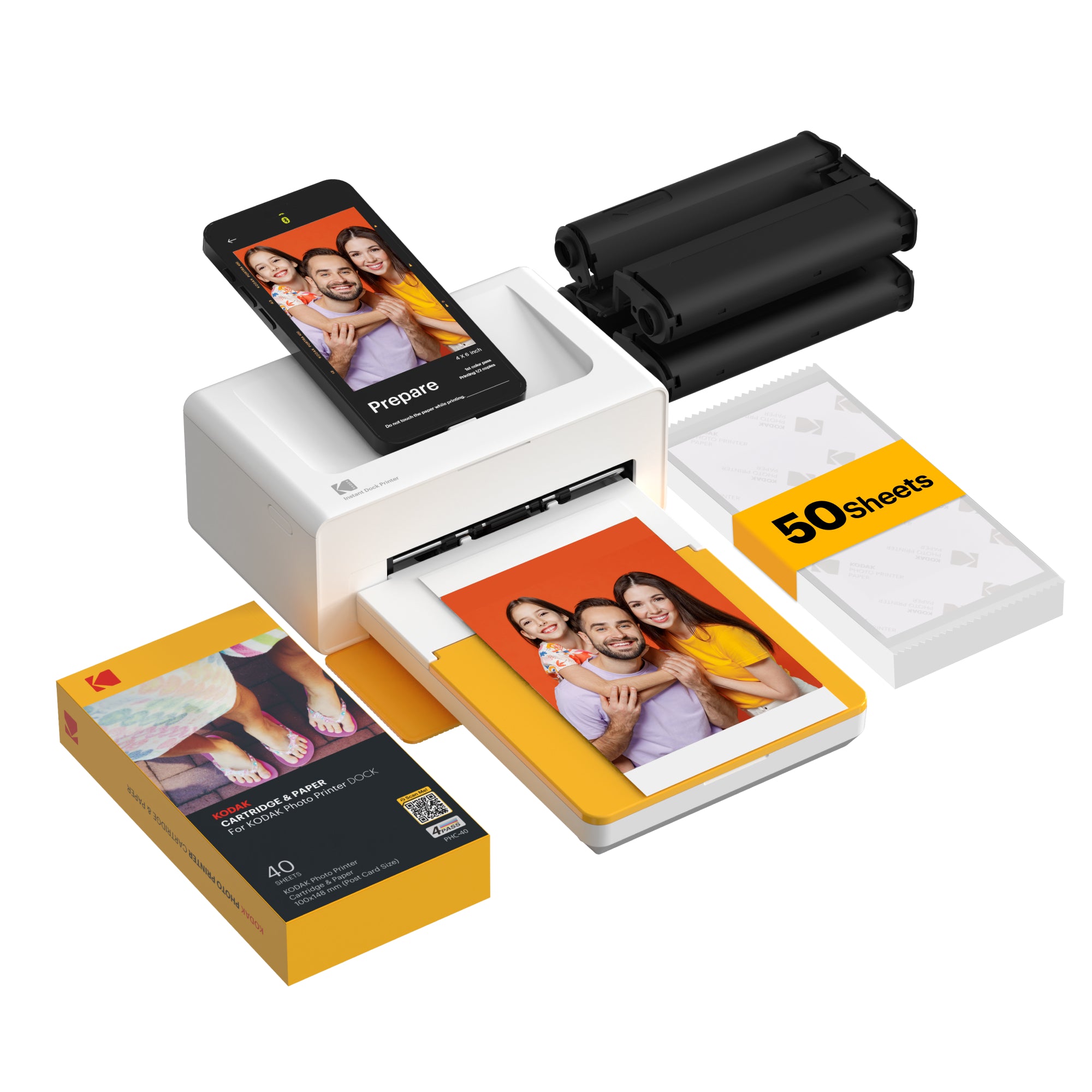 KODAK Dock Plus Retro PD460 4x6 photo printer bundle with 50-sheet cartridge refill — white