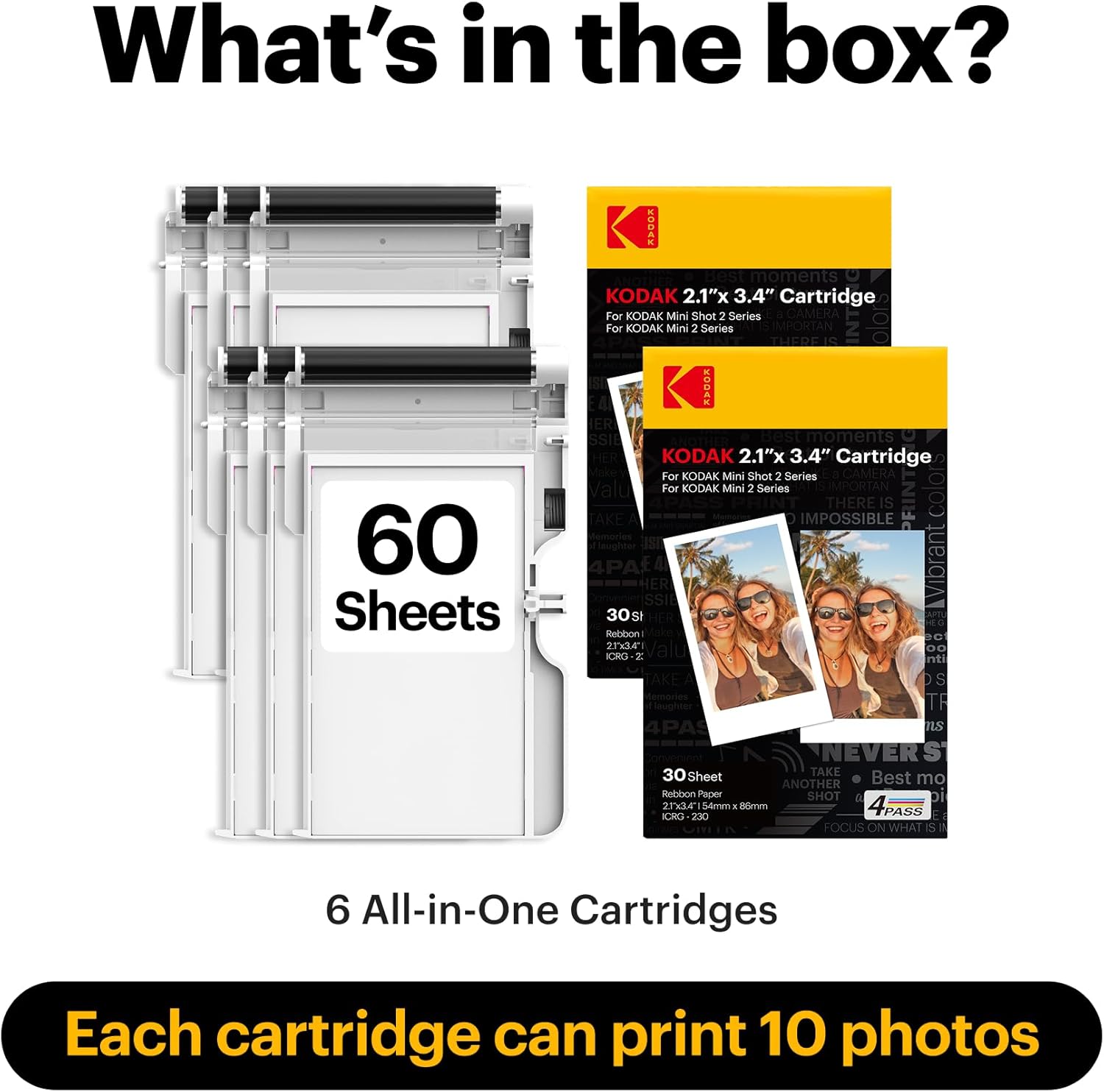 Impresora de fotos de Kodak Cartucho de 2 pulgadas - 60 PACK OF KODAK 4PASS 2.1 "X3.4" Cartucho, papel en todo papel y recarga de cartuchos de cinta de color - Compatible con Kodak Mini 2, Mini 2 Plus, Mini 2 retro, Mini Shot, Mini Tiro 2 retro