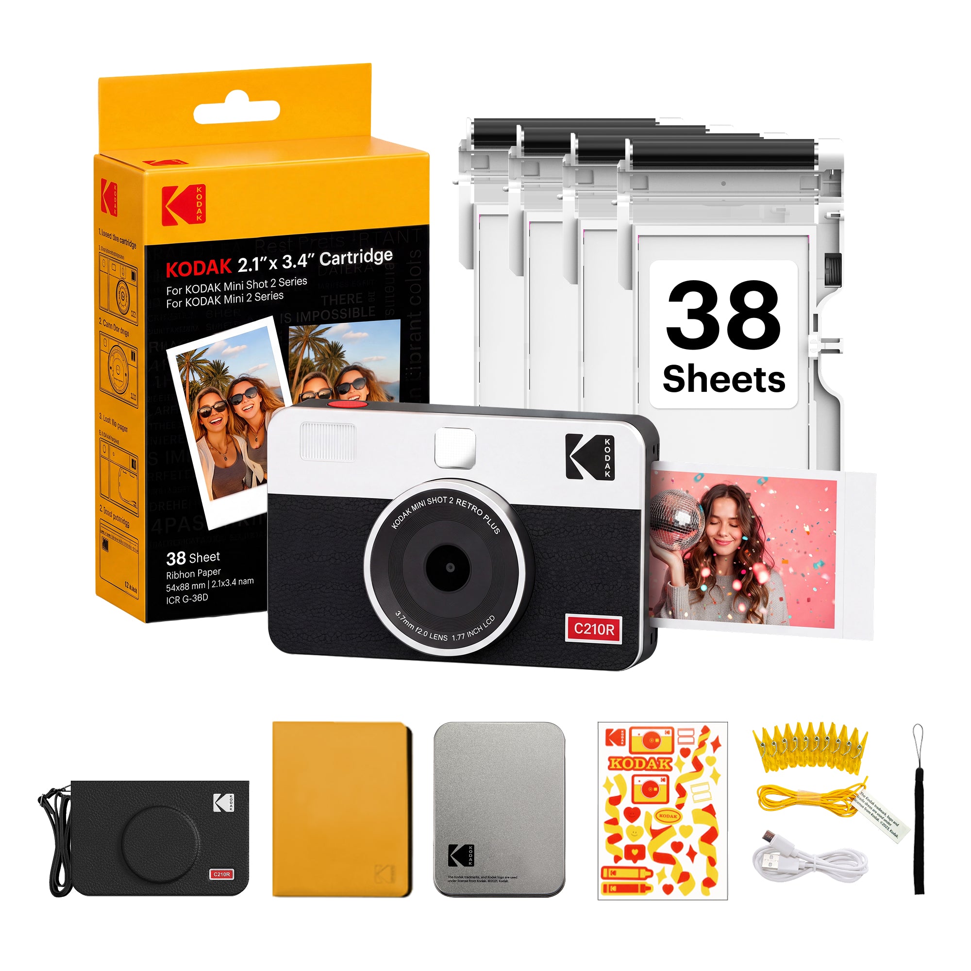 White KODAK Mini Shot 2 Retro C210R gift bundle with cartridge refill and accessory kit