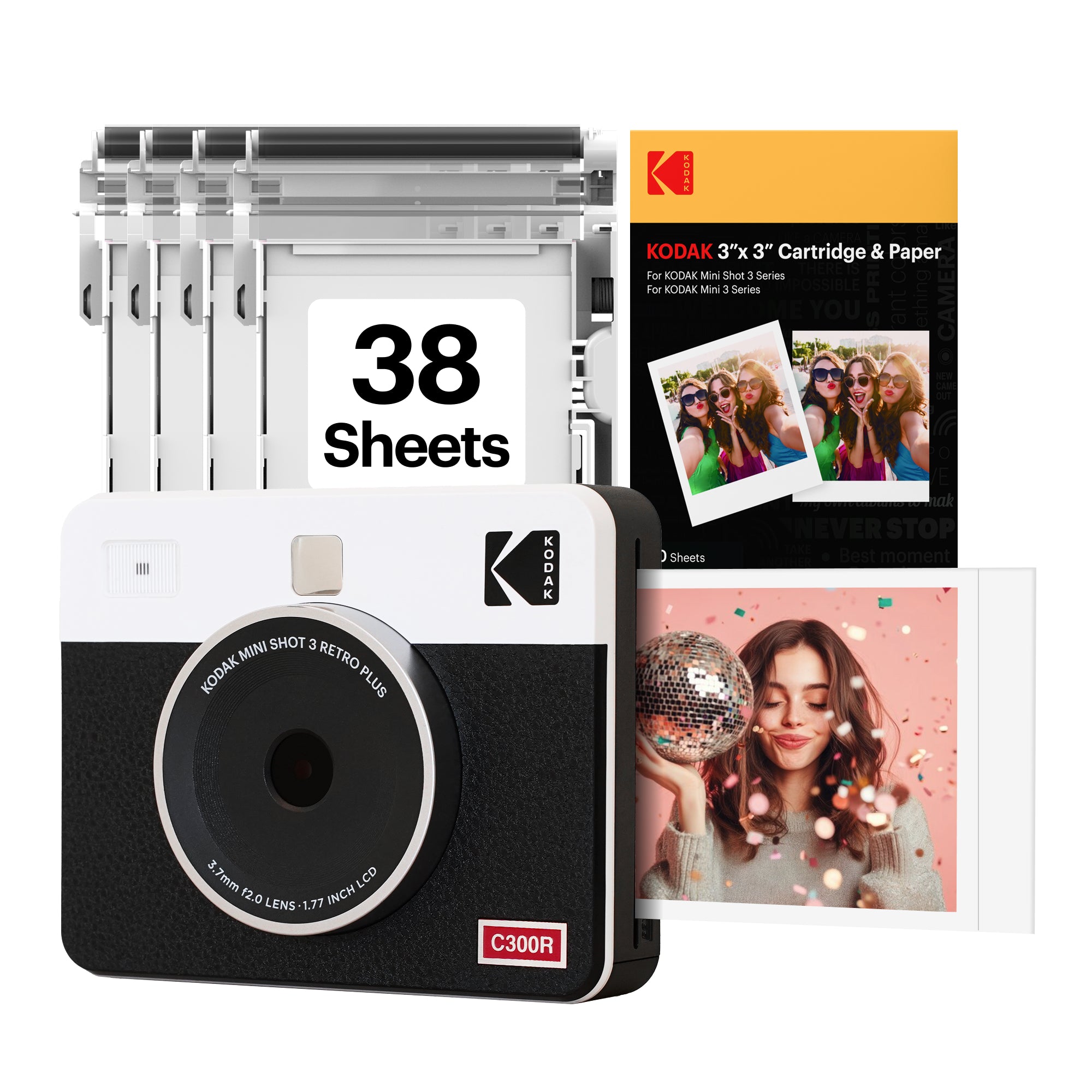 White KODAK Mini Shot 3 Retro C300R 2-in-1 instant camera bundle with cartridge refill