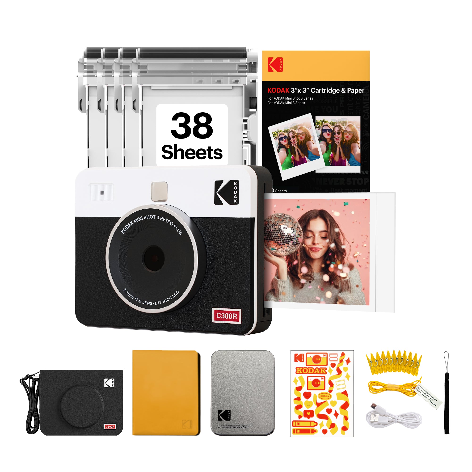 White KODAK Mini Shot 3 Retro C300R  gift bundle with cartridge refill and accessory kit