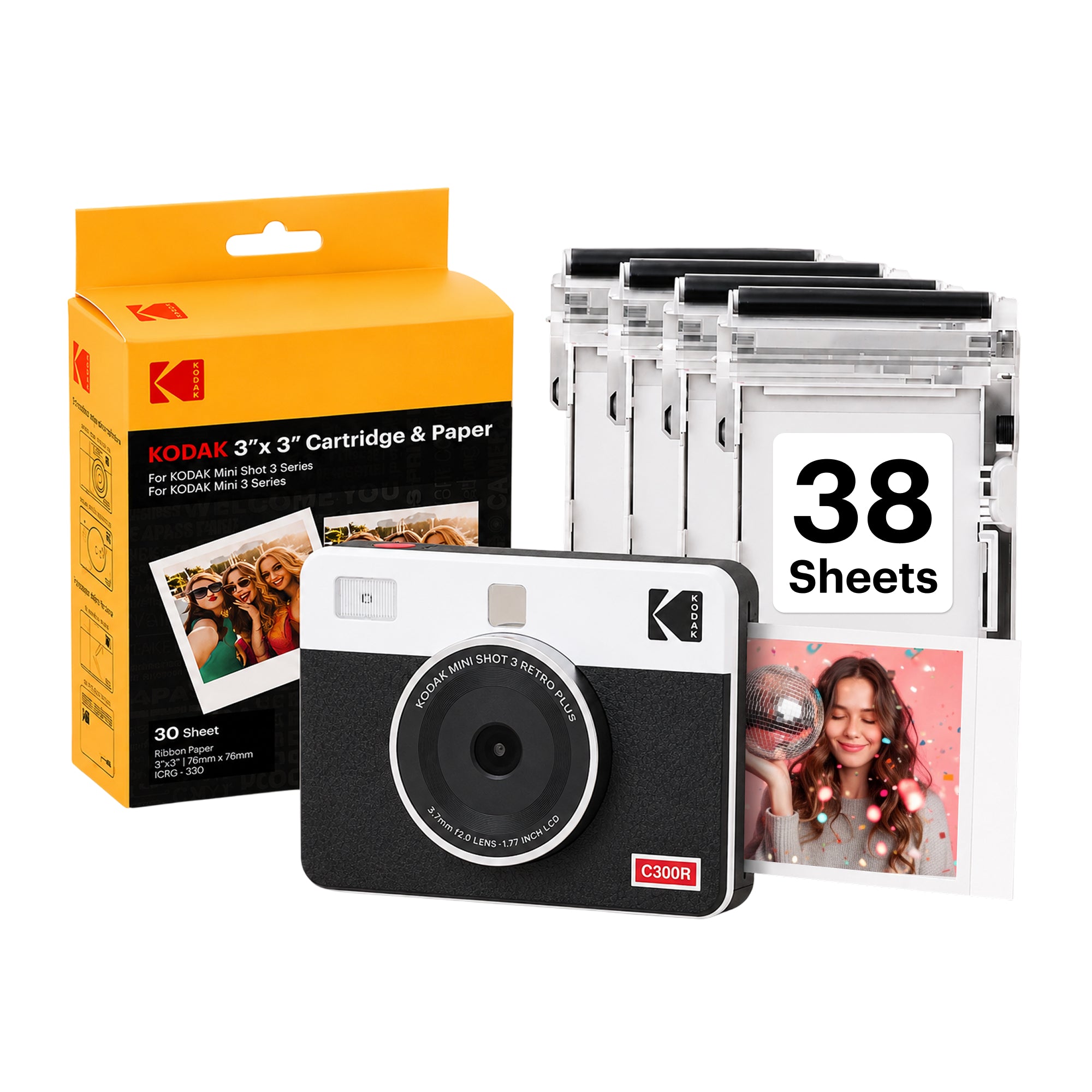 White KODAK Mini Shot 3 Retro C300R 2-in-1 instant camera bundle with cartridge refill