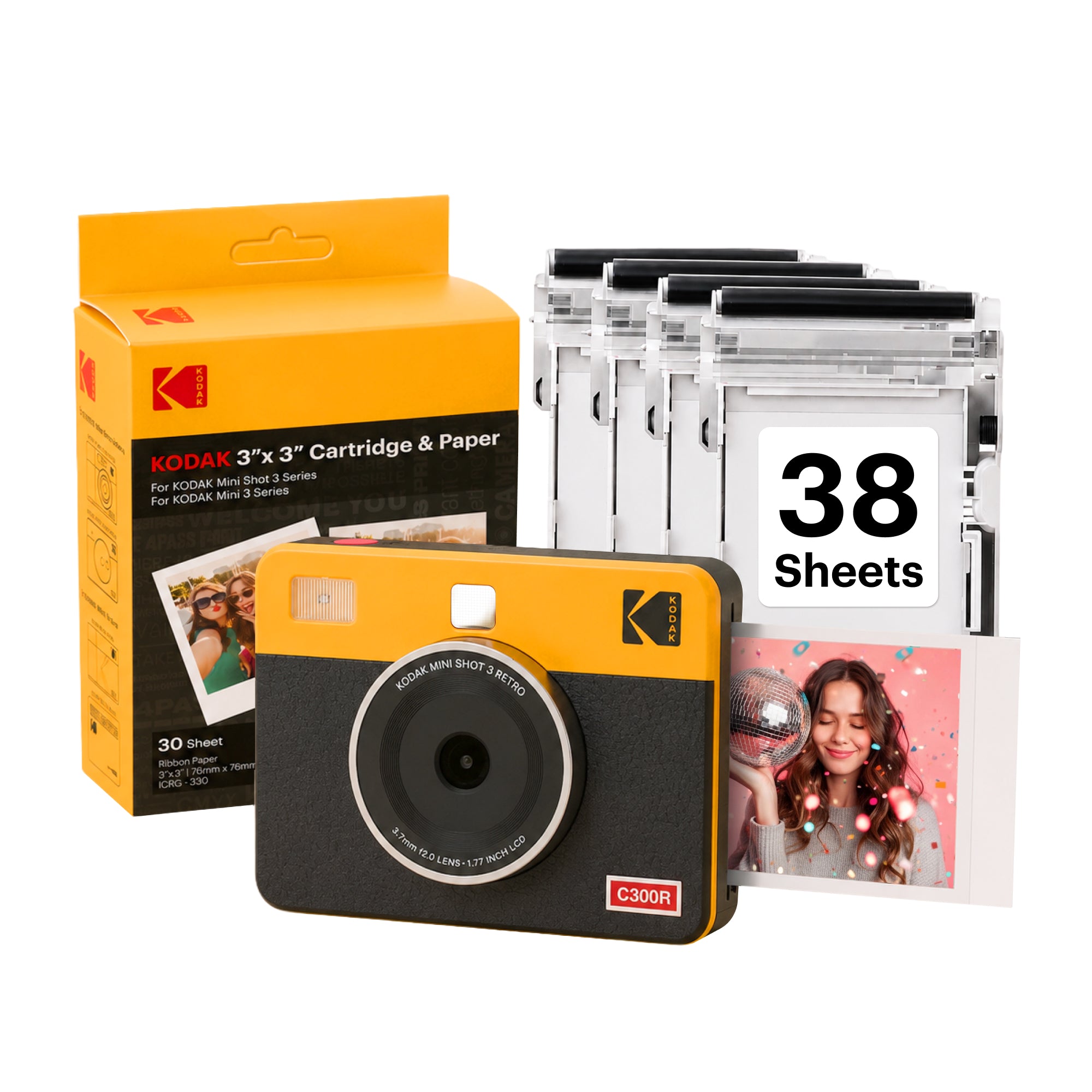 Yellow KODAK Mini Shot 3 Retro C300R 2-in-1 instant camera bundle with cartridge refill