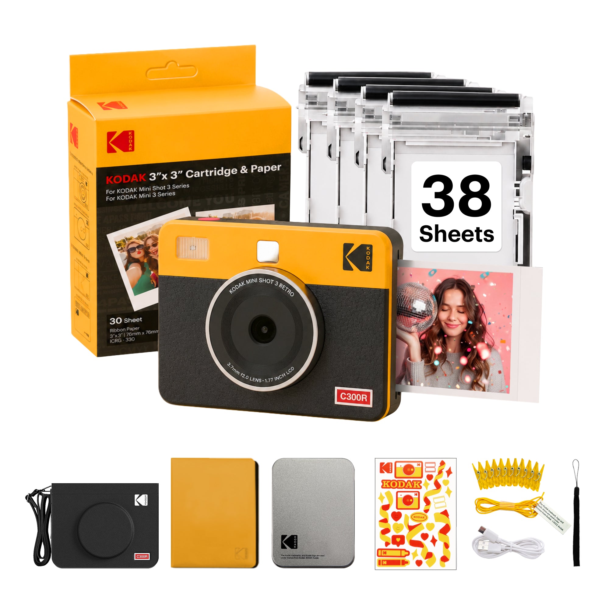 Yellow KODAK Mini Shot 3 Retro C300R  gift bundle with cartridge refill and accessory kit