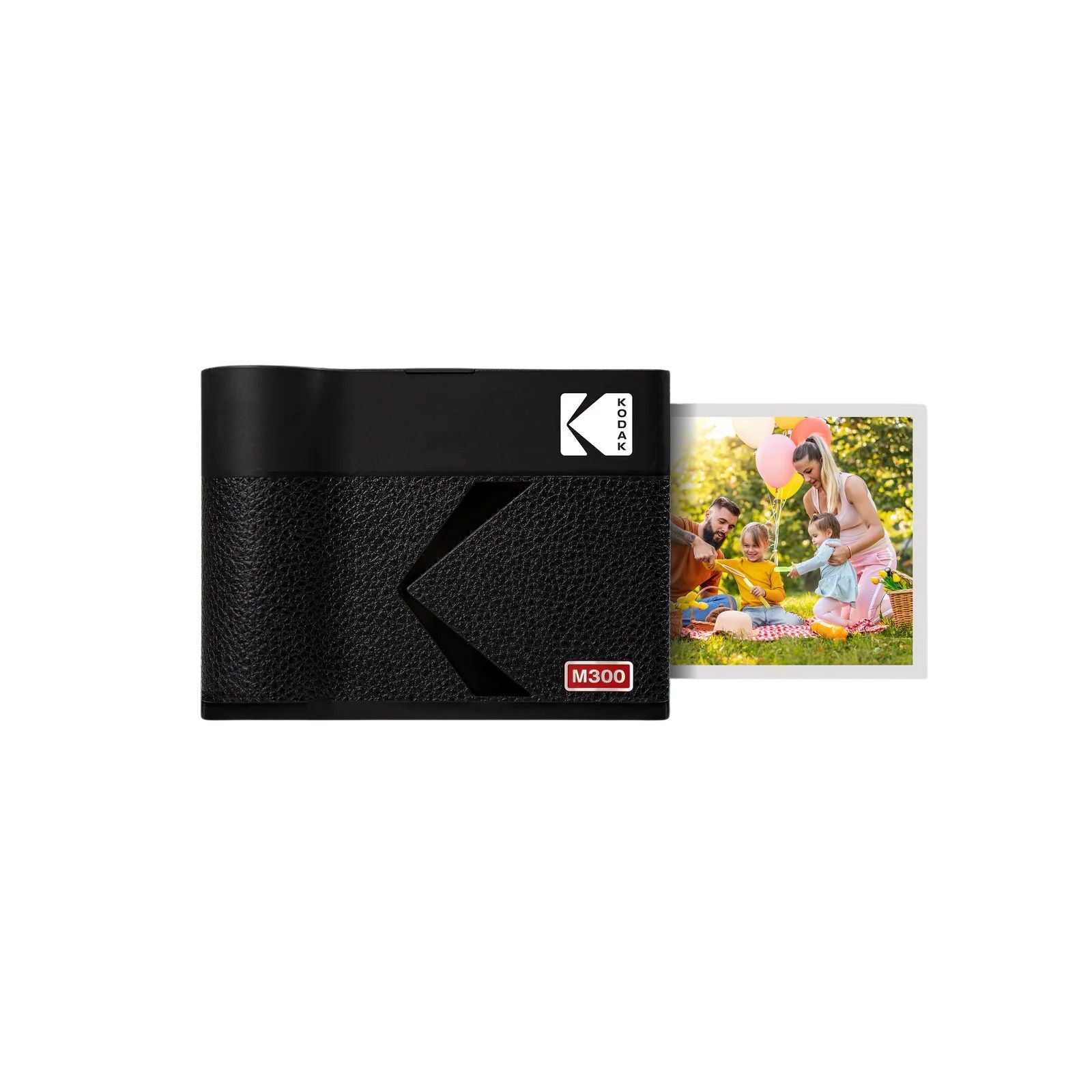 KODAK Mini 3 Era M300 camera with a yellow and black color scheme, and a printed photo depicting a family enjoying outdoor activities.