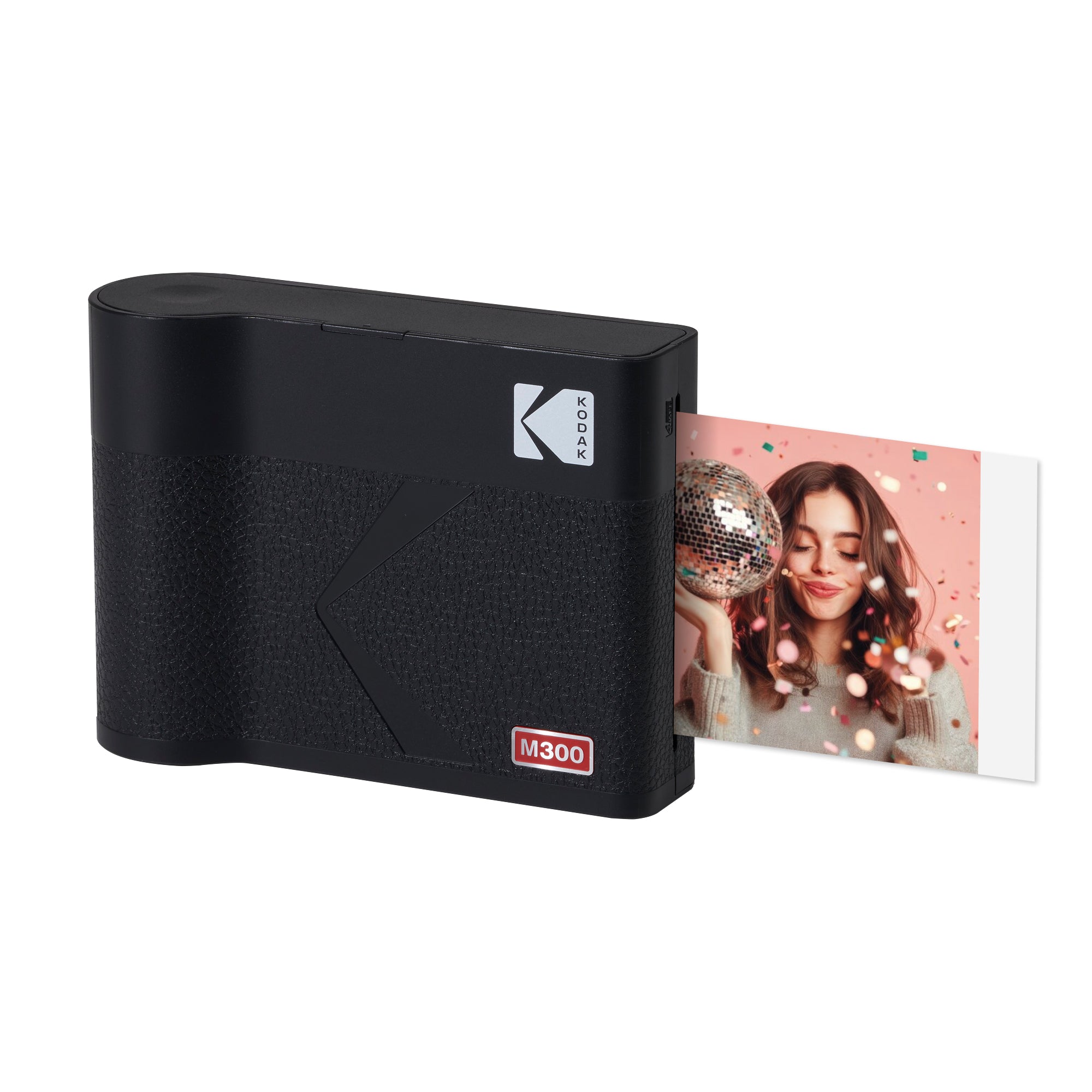 KODAK Mini 3 Era M300 camera with a yellow and black color scheme, and a printed photo depicting a family enjoying outdoor activities.
