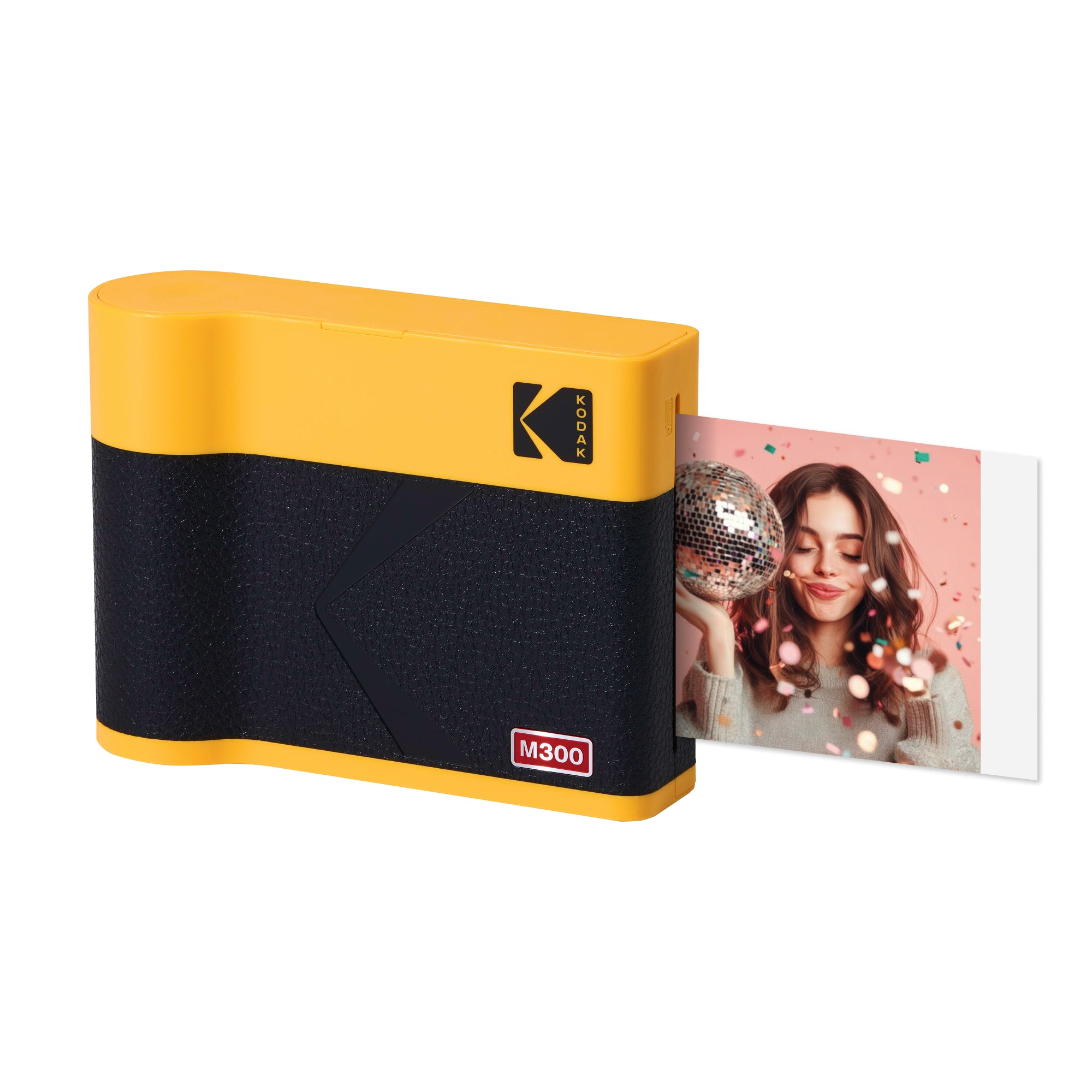 KODAK Mini 3 Era M300 camera with a yellow and black color scheme, and a printed photo depicting a family enjoying outdoor activities.