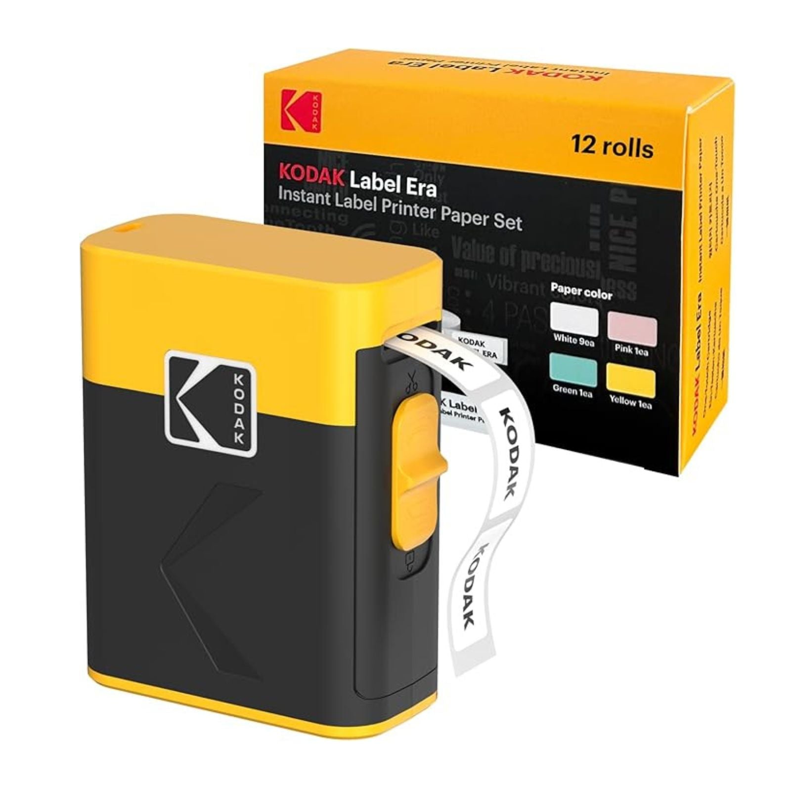 Yellow KODAK Label ERA M50 label maker bundle with 12-roll sticker label cartridge set