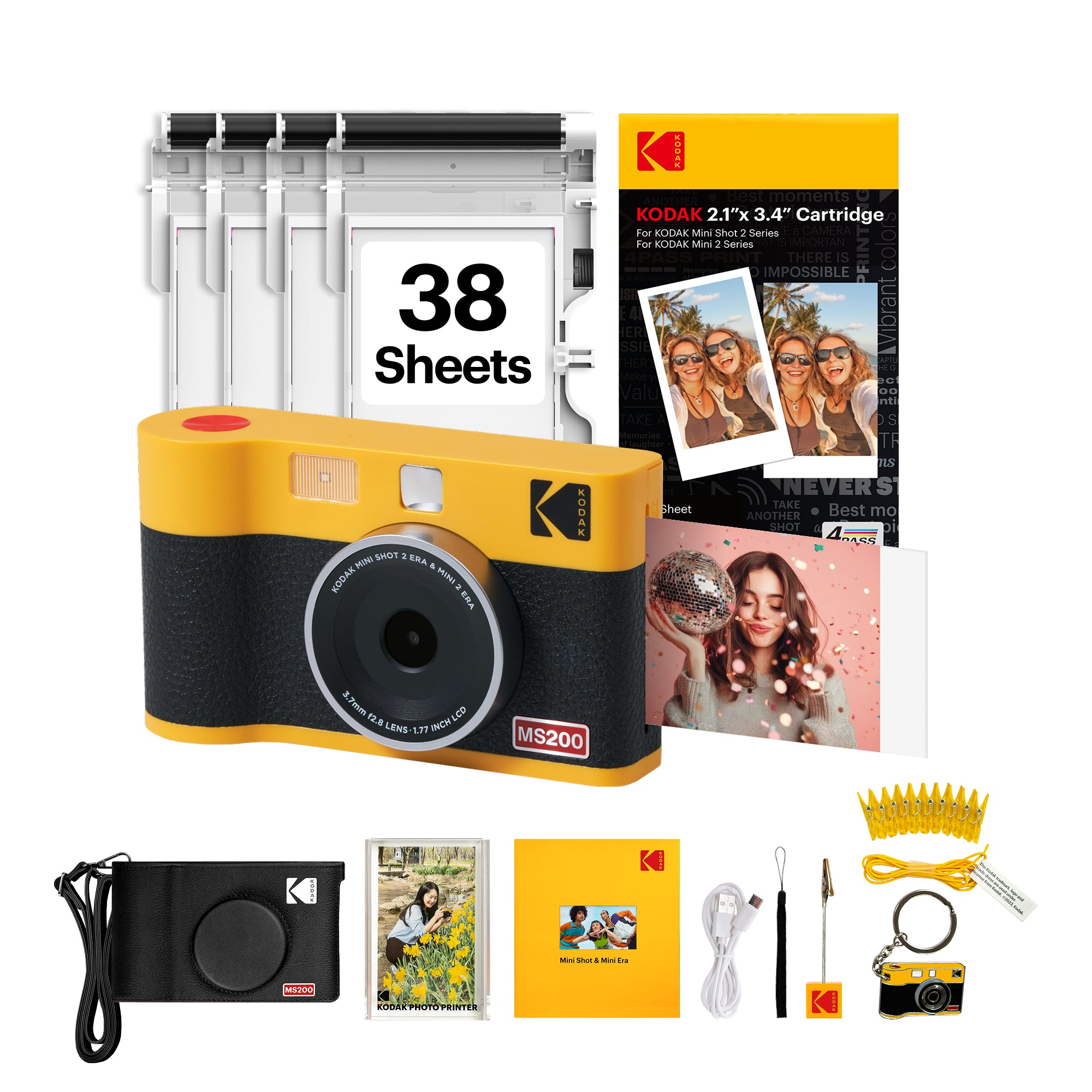 Yellow KODAK Mini Shot 2 Era MS200 2-in-1 instant camera gift bundle with cartridge and accessory kit