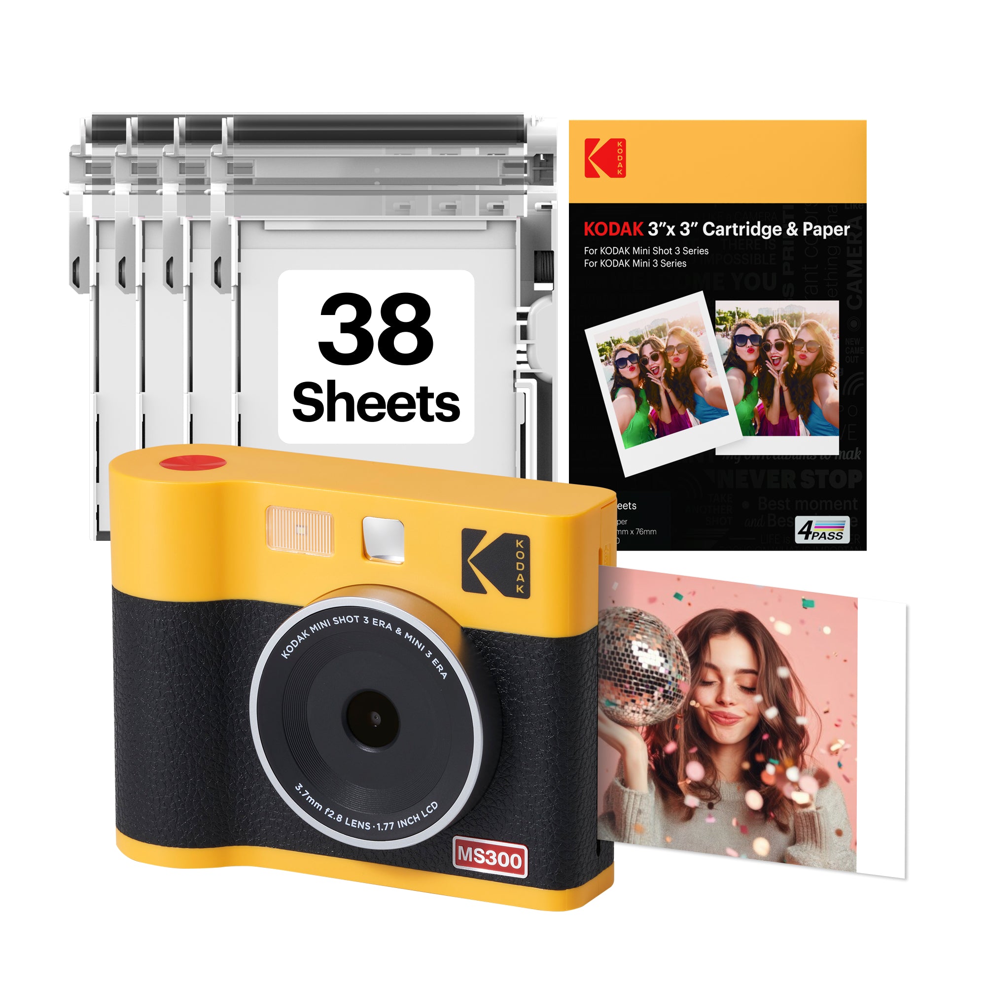 Yellow KODAK Mini Shot 3 Era MS300 2-in-1 instant camera bundle with cartridge refill