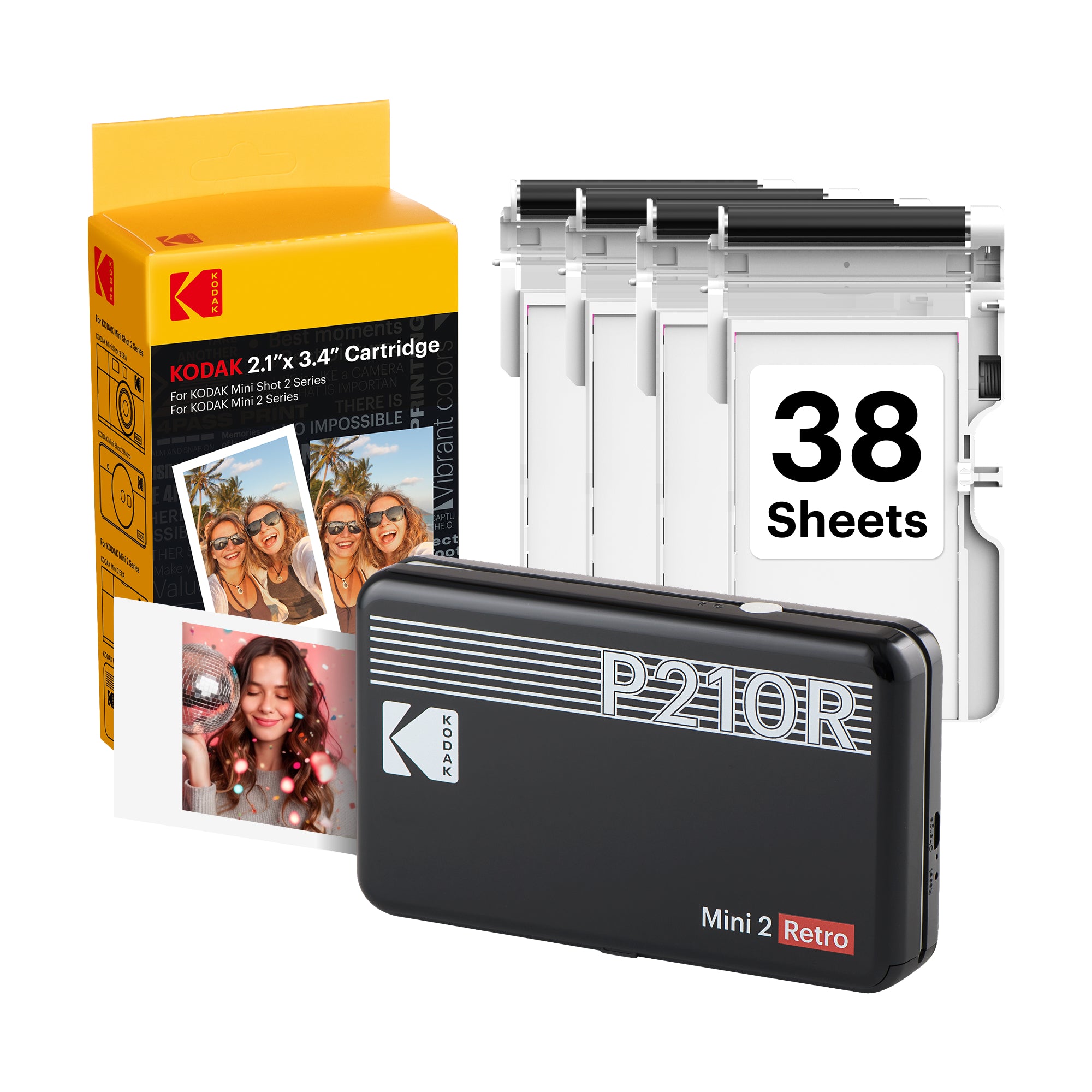 Black KODAK Mini 2 Retro P210R portable photo printer 38-sheet bundle — 2.1x3.4 inch, 4PASS, Bluetooth