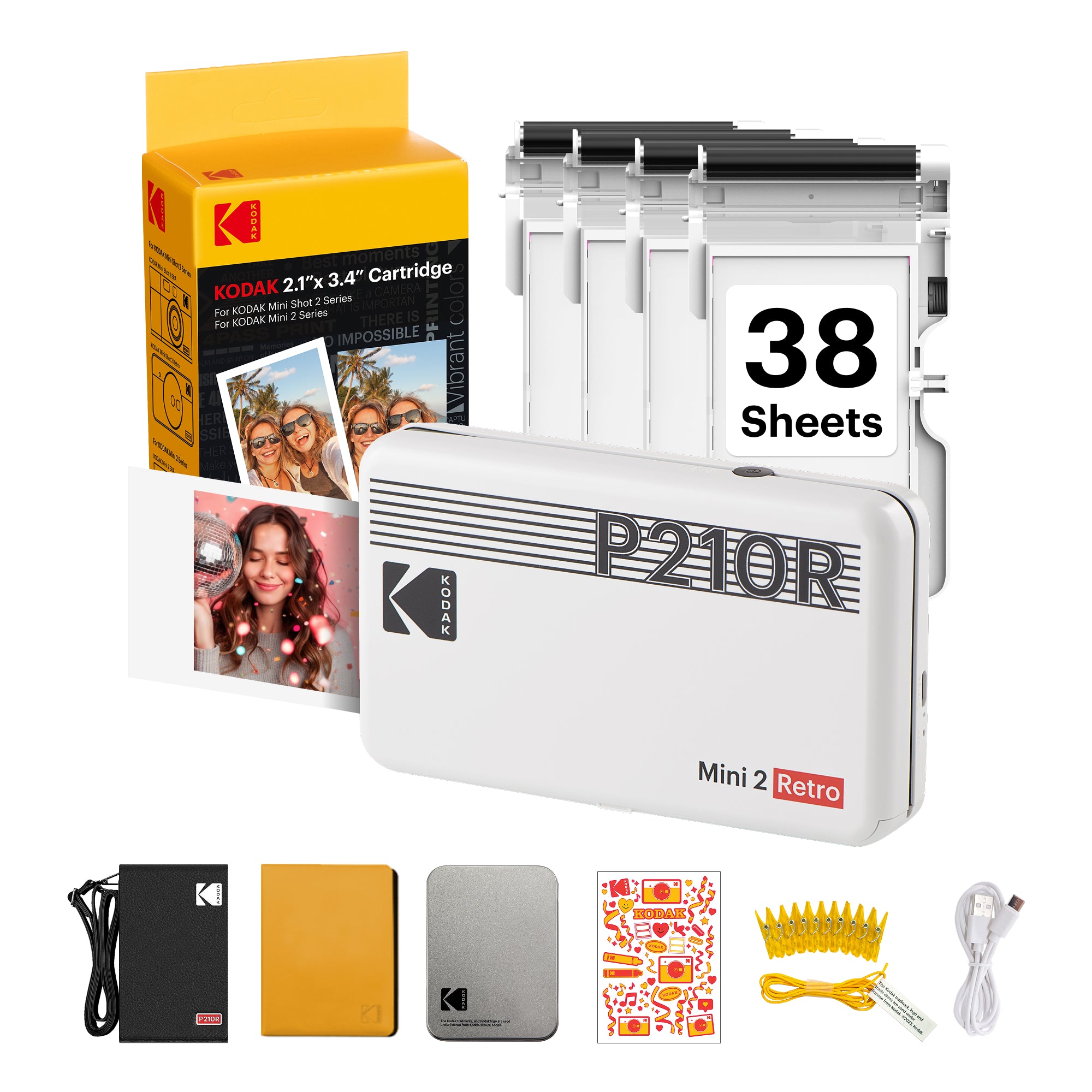 White KODAK Mini 2 Retro P210R 30-sheet gift bundle with cartridge refill and accessory kit