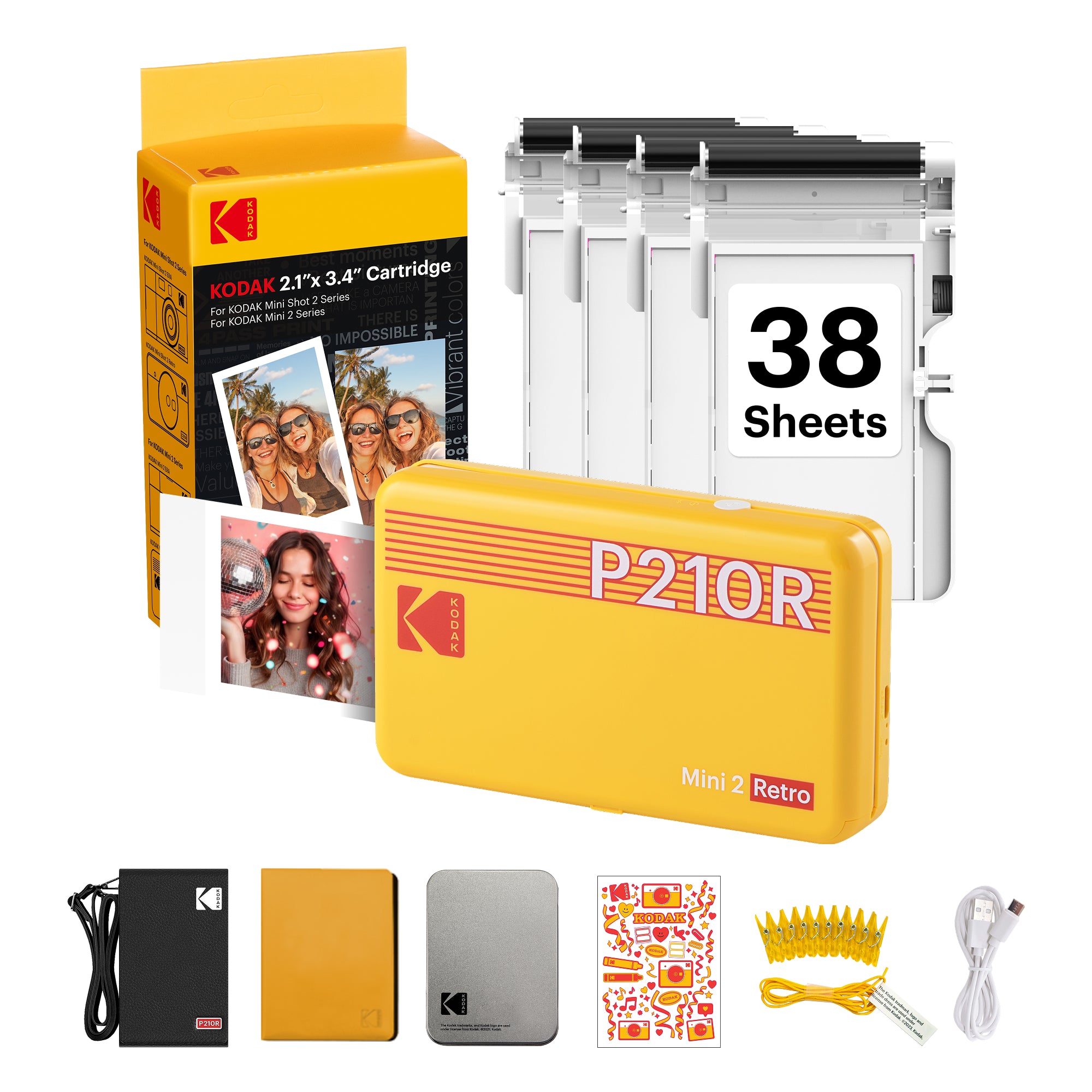 Yellow KODAK Mini 2 Retro P210R 30-sheet gift bundle with cartridge refill and accessory kit