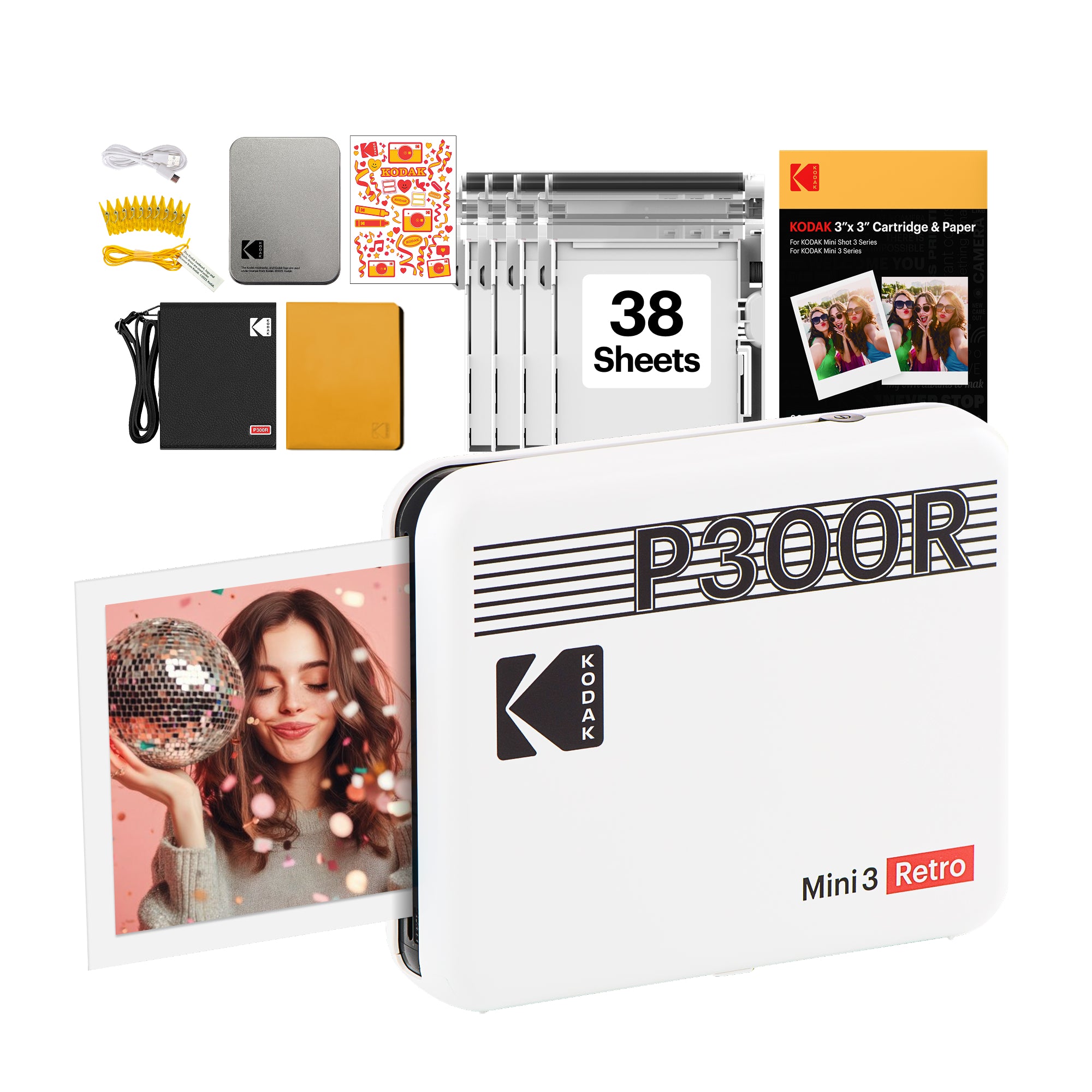 White KODAK Mini 3 Retro P300R gift bundle with cartridge refill and accessory kit