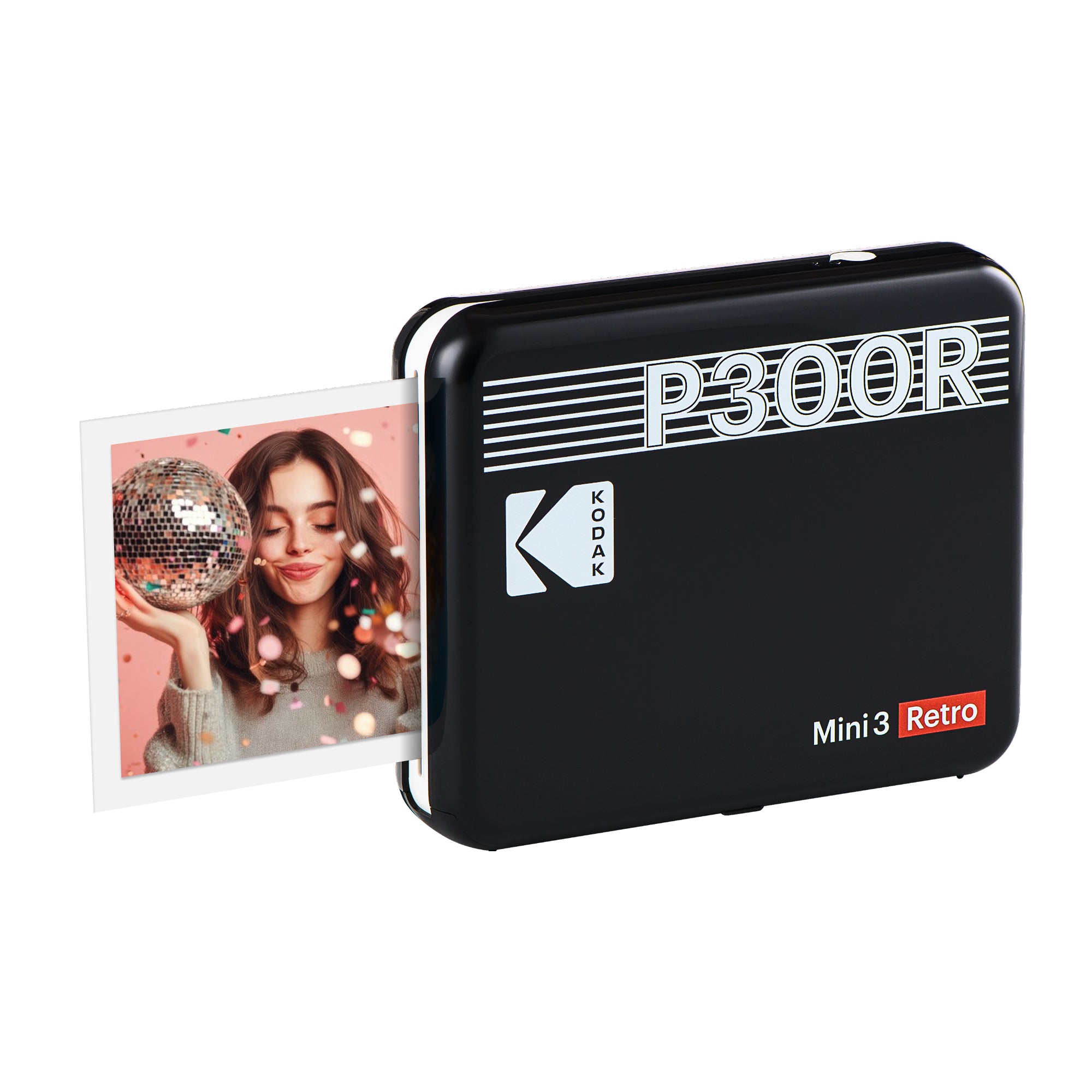 Black KODAK Mini 3 Retro P300R portable 3x3 instant photo printer — Bluetooth, 4PASS, retro design