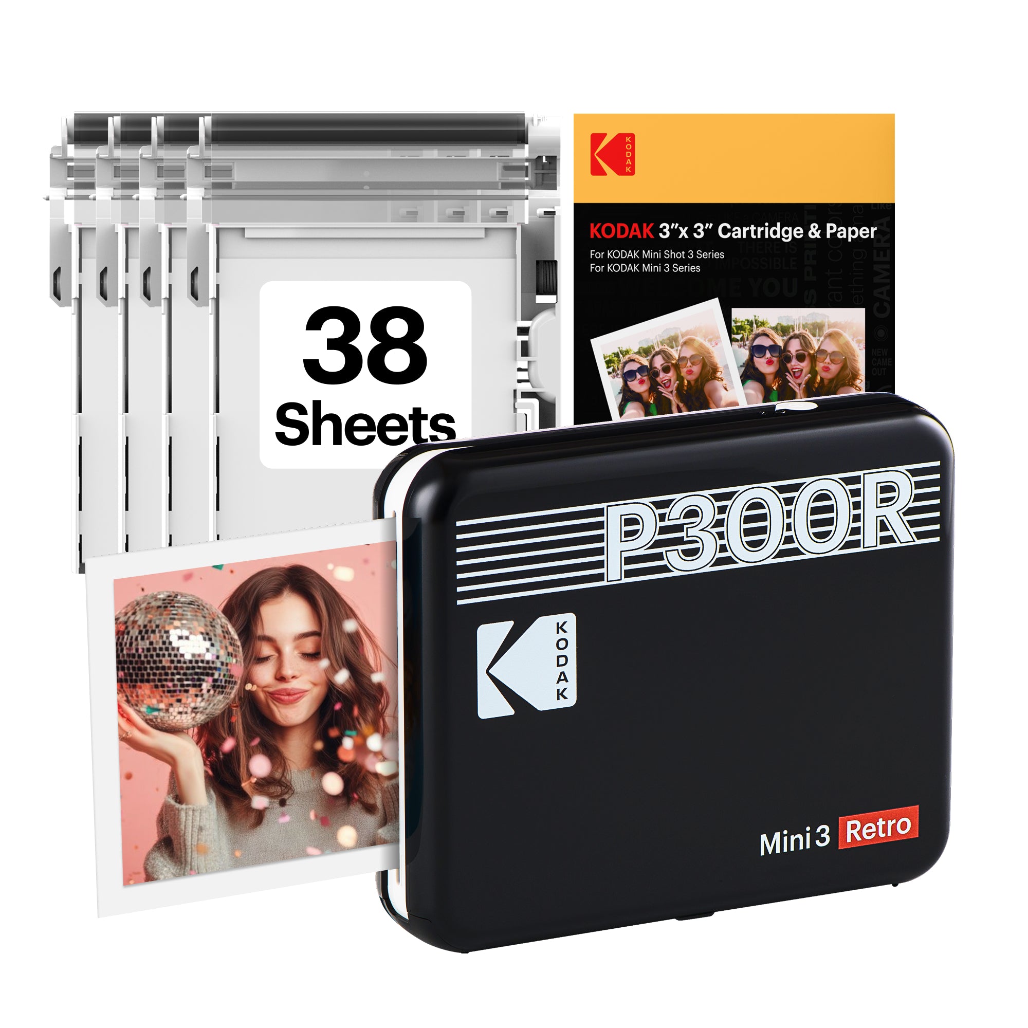 Black KODAK Mini 3 Retro P300R portable 3x3 photo printer bundle — Bluetooth, 4PASS
