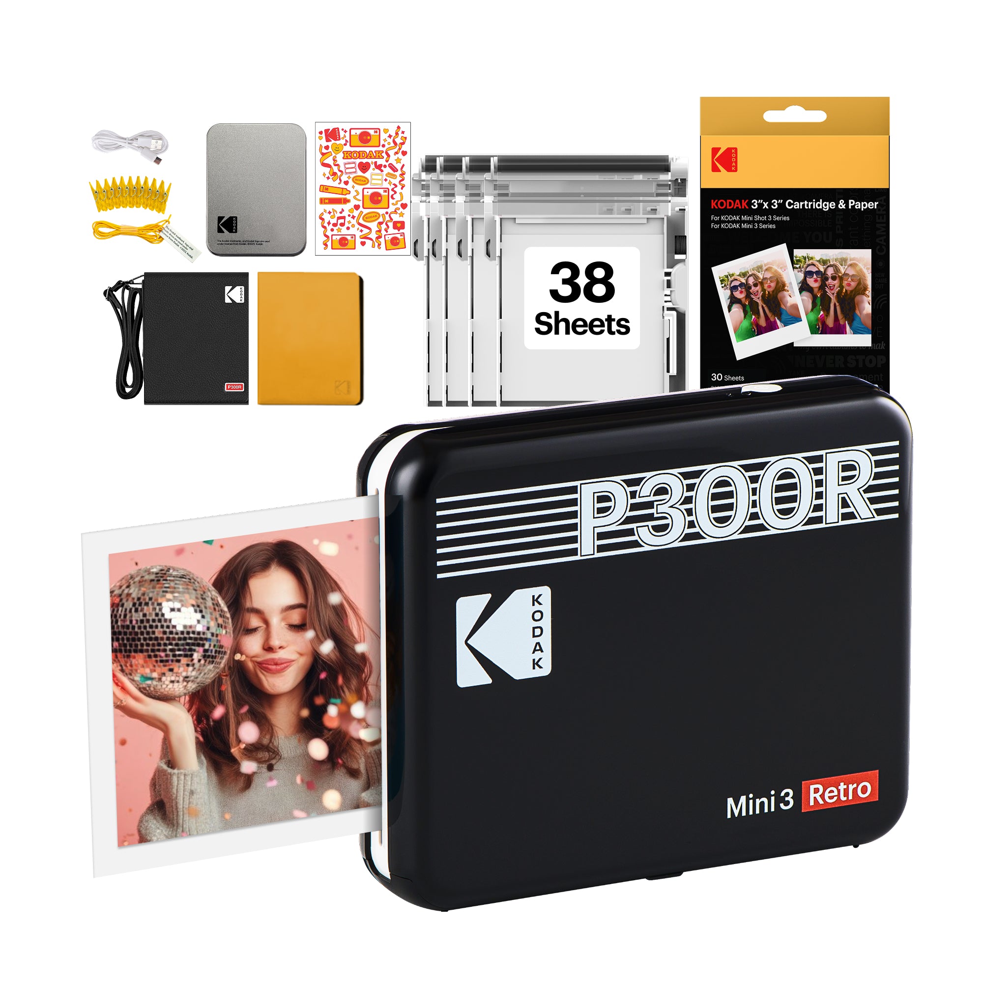 Black KODAK Mini 3 Retro P300R gift bundle with cartridge refill and accessory kit