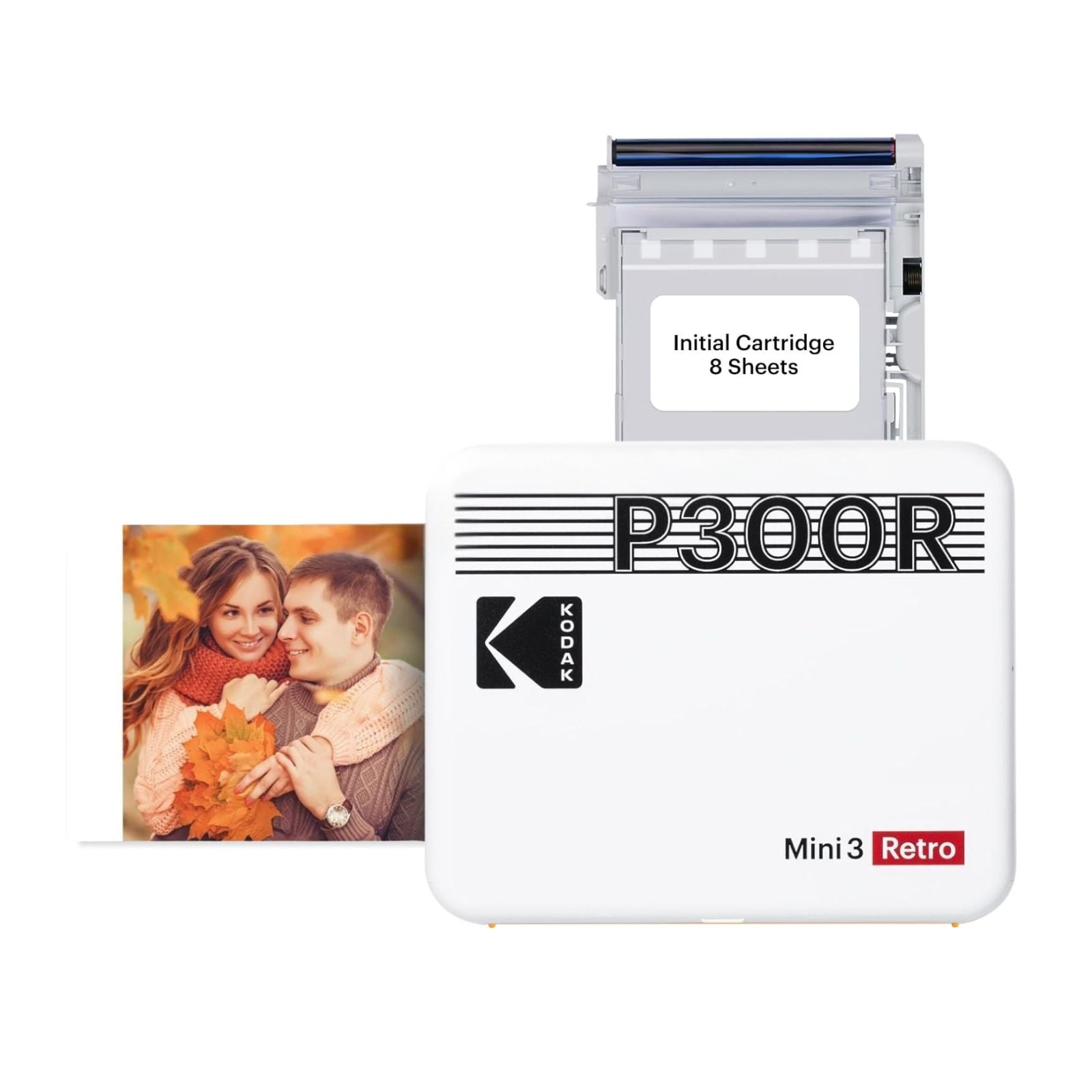 White KODAK Mini 3 Retro P300R portable 3x3 instant photo printer — Bluetooth, 4PASS, retro design