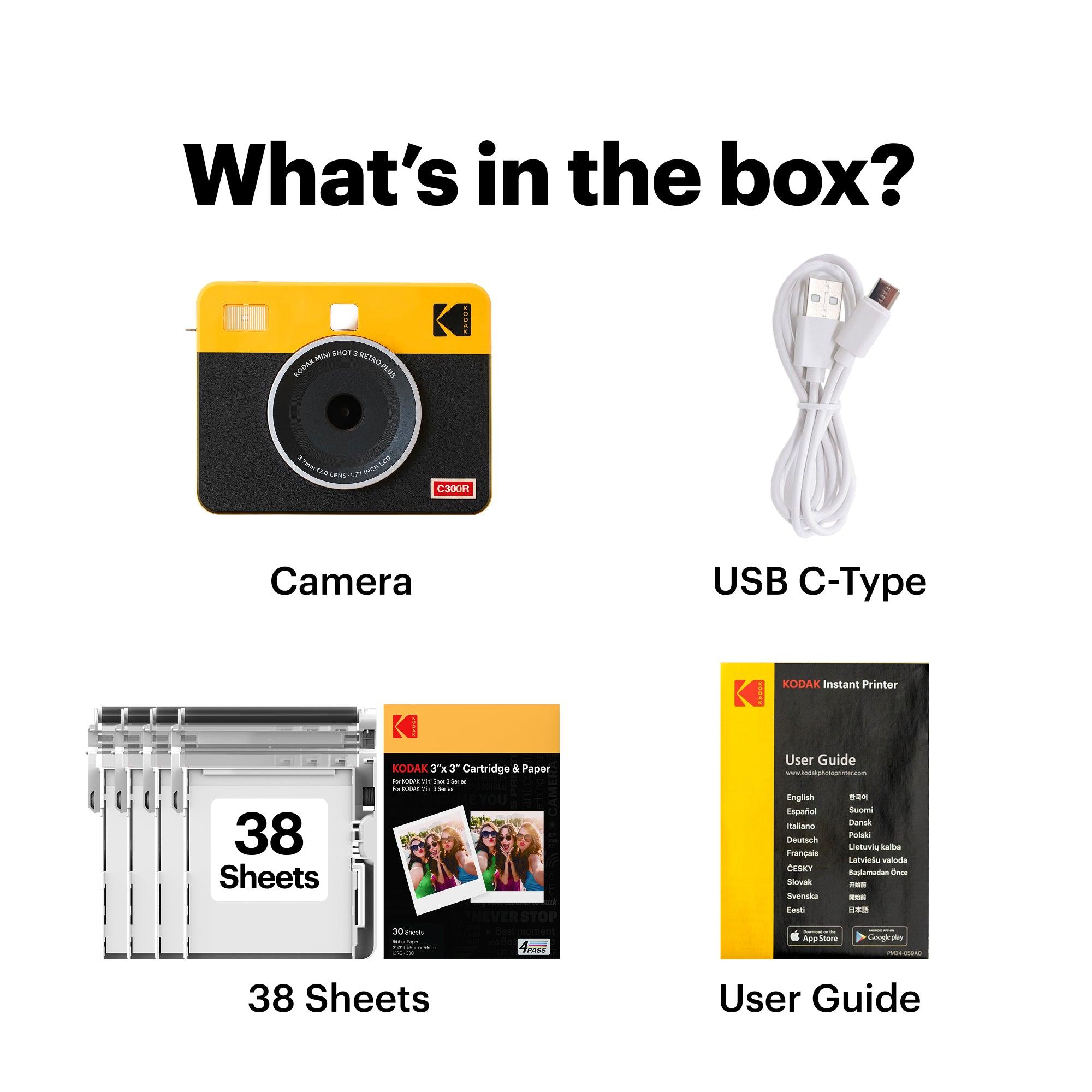 KODAK Mini Shot 3 Retro 3x3 Inch C300R 38 Sheet Bundle